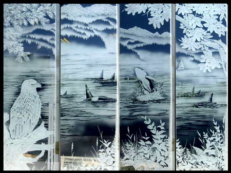 Etched glass door with jade